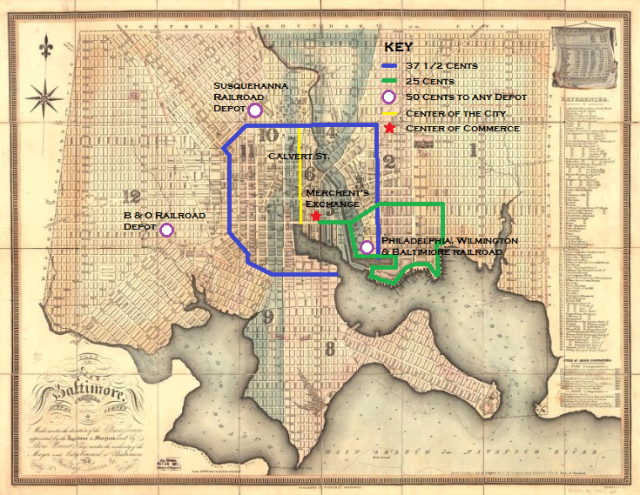 Limits of Hack Rides in Baltimore on a Map of 1836